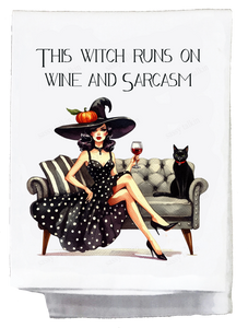Halloween This Witch Runs on Wine and Sacasm Kitchen Towel