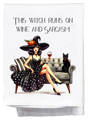 Halloween This Witch Runs on Wine and Sacasm Kitchen Towel
