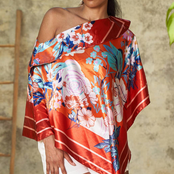 Scarf Print Off-Shoulder Poncho - Floral Rouge