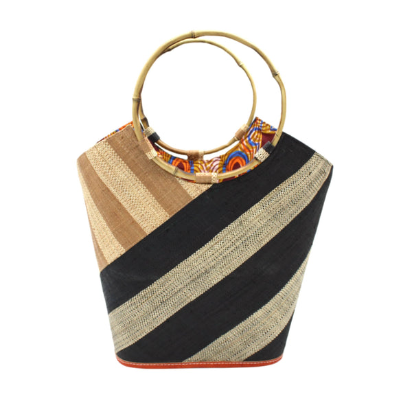 Carmen Striped Straw Bucket Bag - Black Cappuccino
