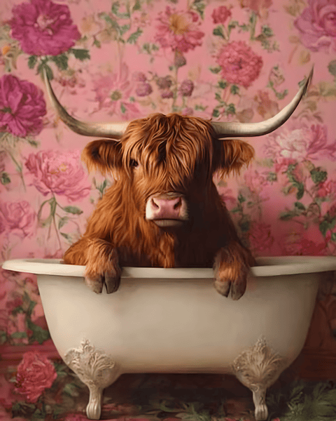 Highland Cow in Vintage Bathtub Wall Art Print