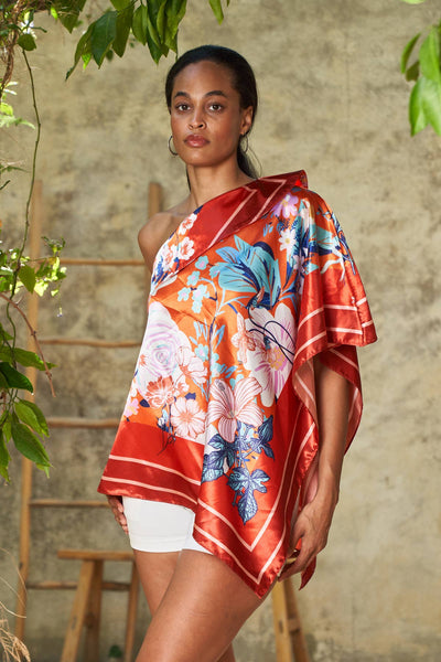 Scarf Print Off-Shoulder Poncho - Floral Rouge