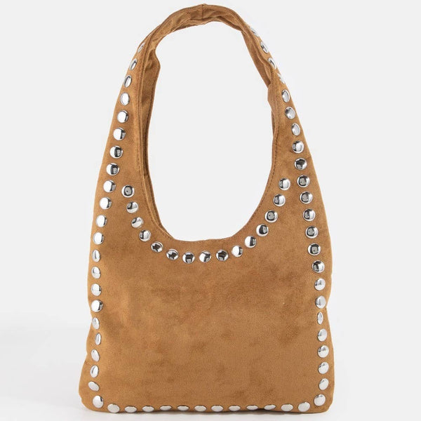 Grommet Border Studded Sueded Shoulder Bag