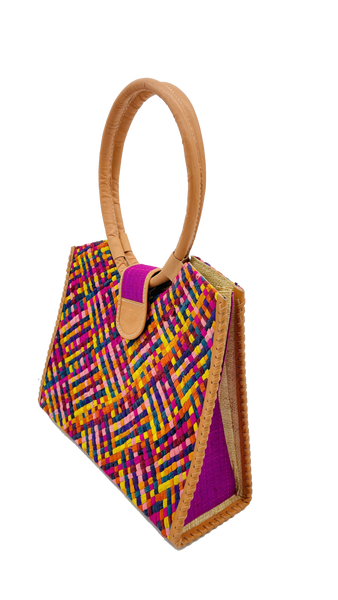 Ibiza Straw Handbag with Leather Handles - Raspeberry