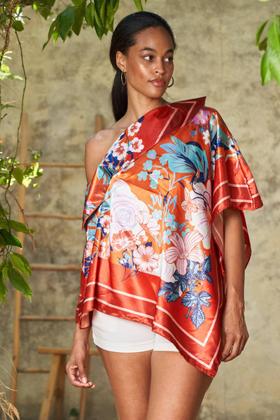 Scarf Print Off-Shoulder Poncho - Floral Rouge
