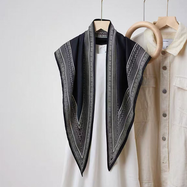 Border Triangle Silky Scarf - Black
