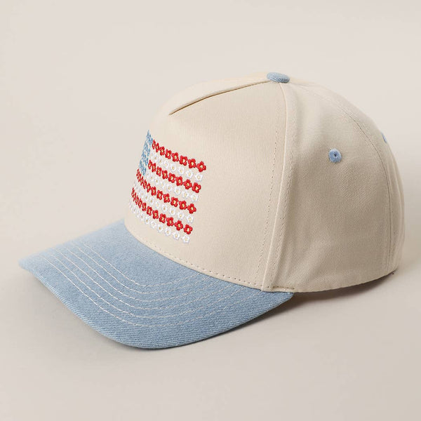 Floral American Flag Denim Baseball Hat