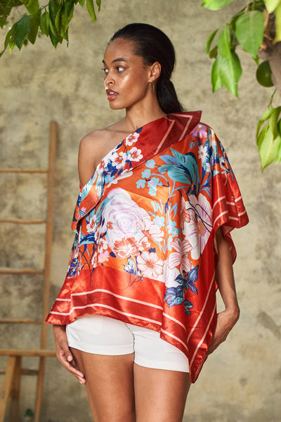 Scarf Print Off-Shoulder Poncho - Floral Rouge