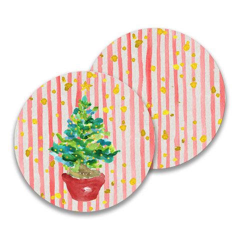 Red Potted Christmas Tree Paper Drink Coaster