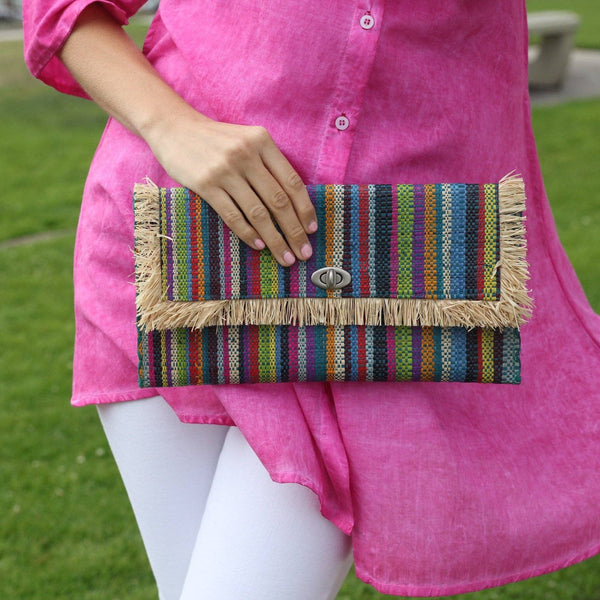 Sophie Straw Envelope Clutch - Turquoise Stripes