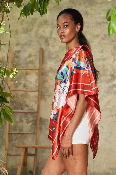 Scarf Print Off-Shoulder Poncho - Floral Rouge