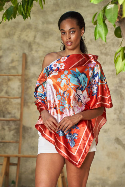 Scarf Print Off-Shoulder Poncho - Floral Rouge