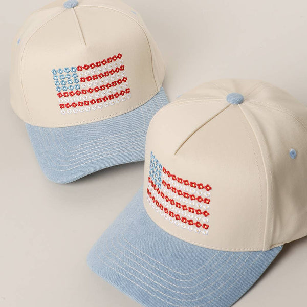 Floral American Flag Denim Baseball Hat