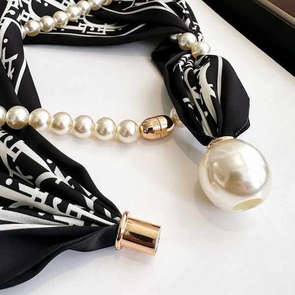 Magnetic Pearl Scarf Necklace - Black Dots