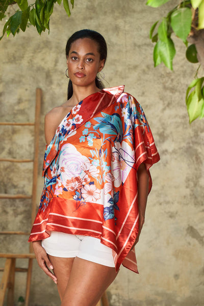 Scarf Print Off-Shoulder Poncho - Floral Rouge