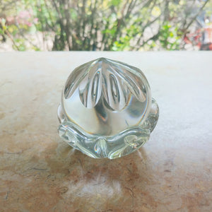 Crystal Orb shining beautifully in the sunlight on marble tabletop with greenery behind