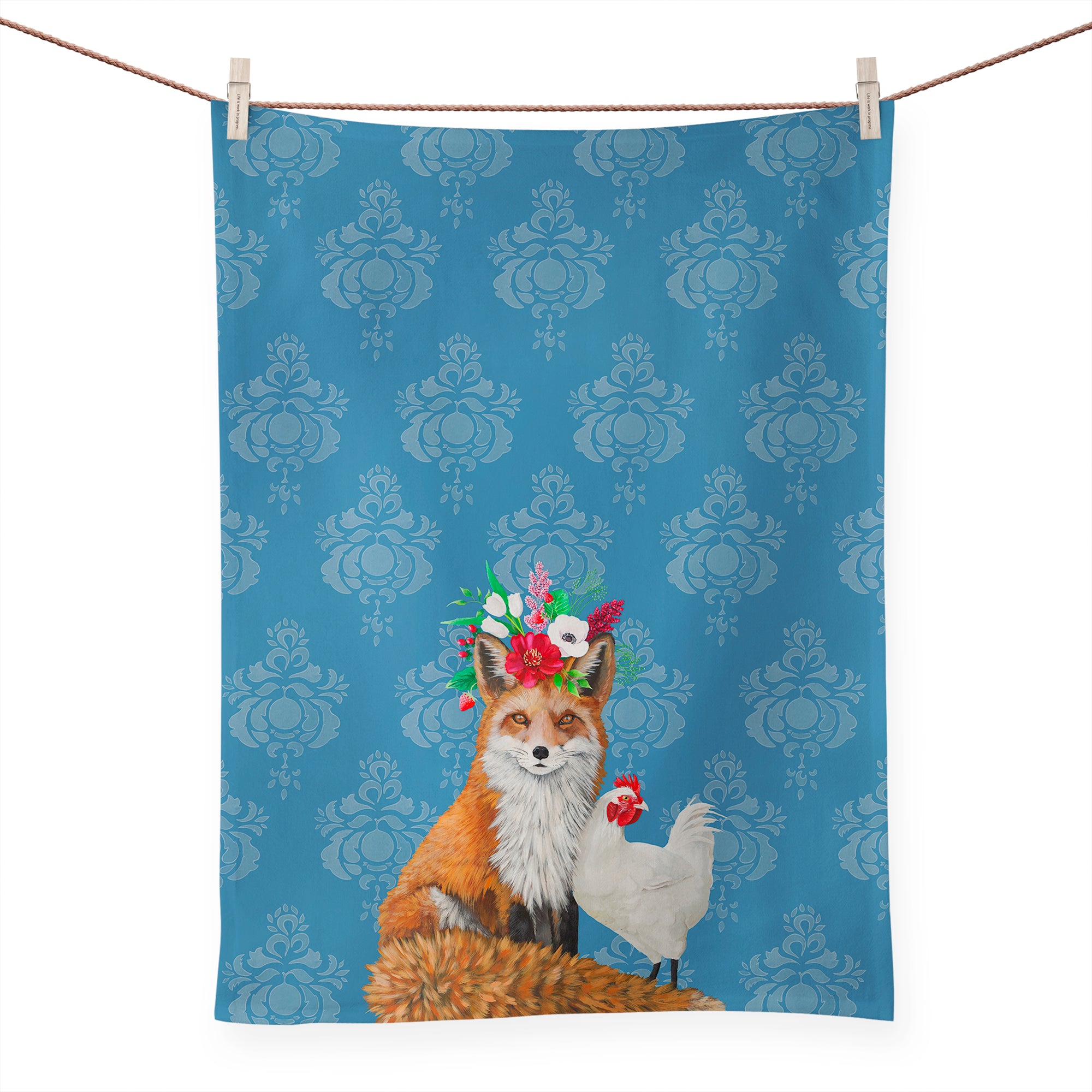 Fox And Rooster Tea Towel