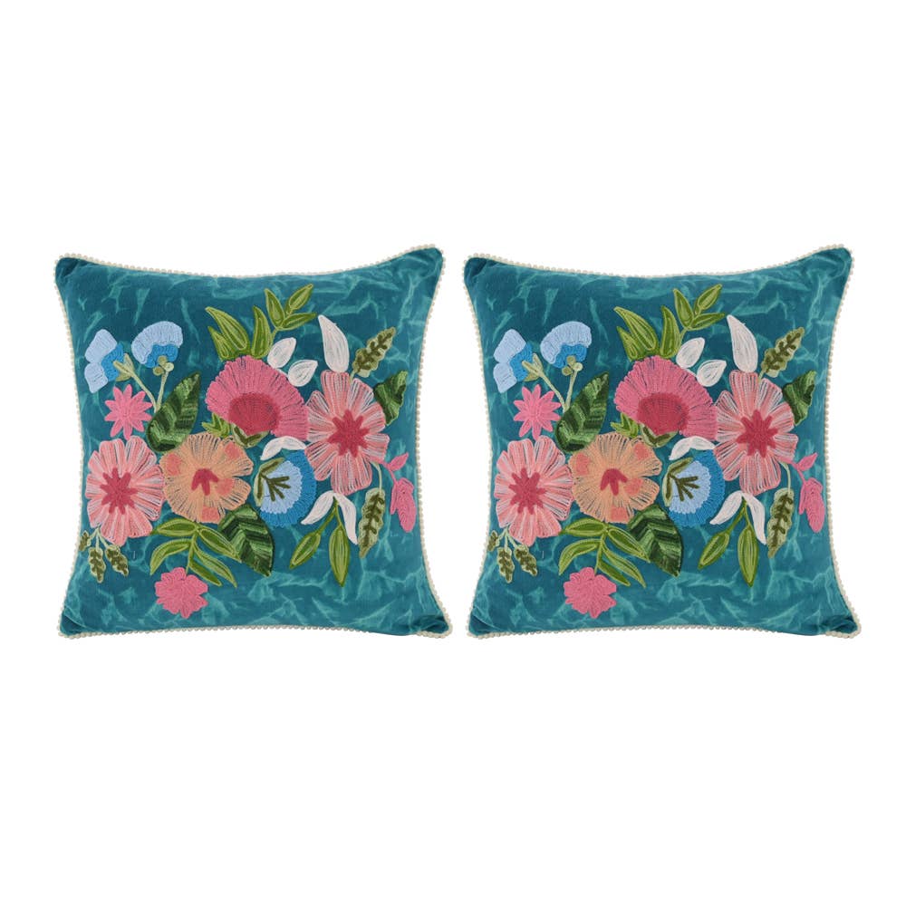 Aqua Velvet Floral Pillow